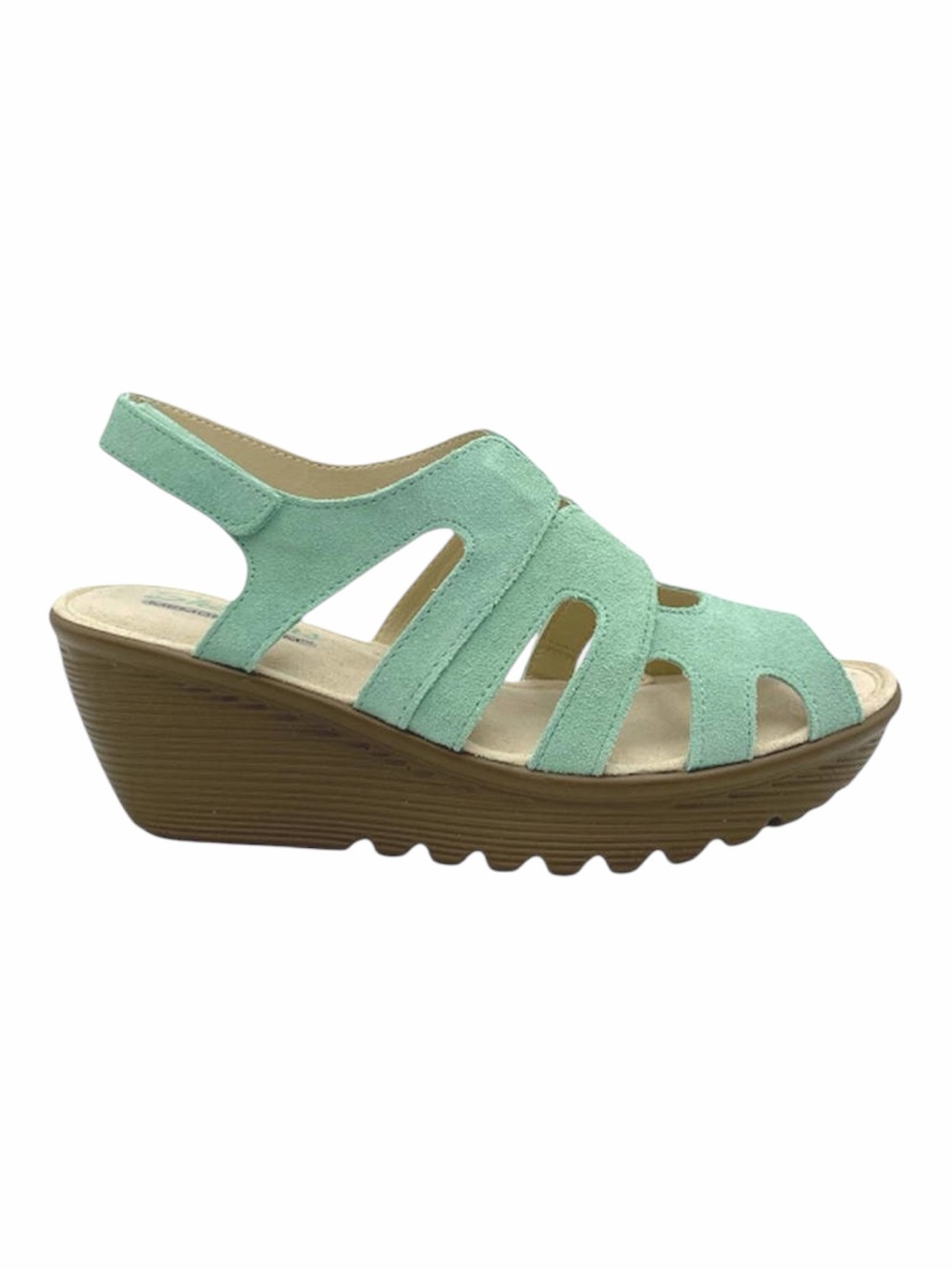 NWOT! Skechers Stylin Suede Peep Toe Slingback Wedges in Mint Green. Size 7.